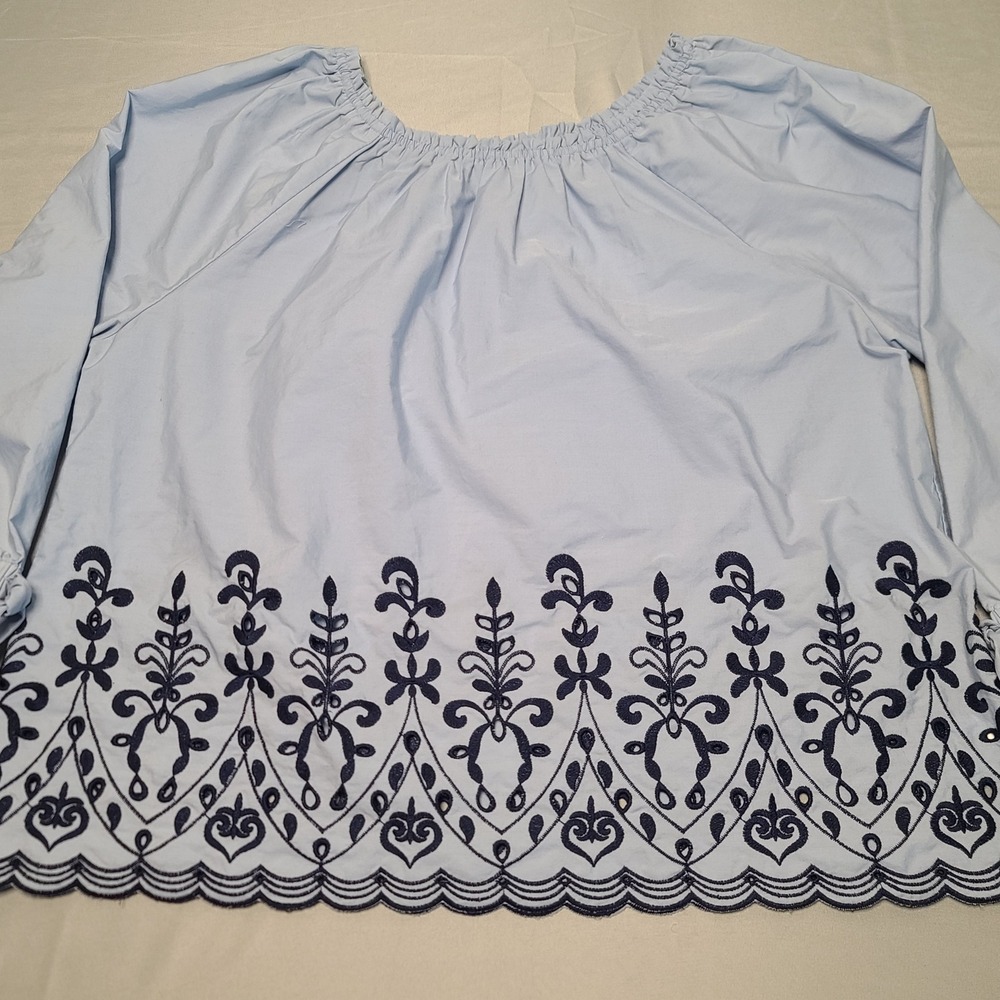 Cottagecore Off Shoulder Blouse Womens L Light Blue Navy Embroidered‎ Eyelet Top